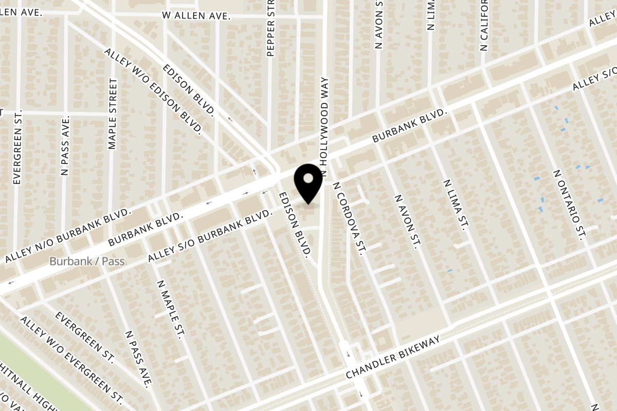 Map showing the location of The District Tavern on 1333 N Hollywood Way in Burbank